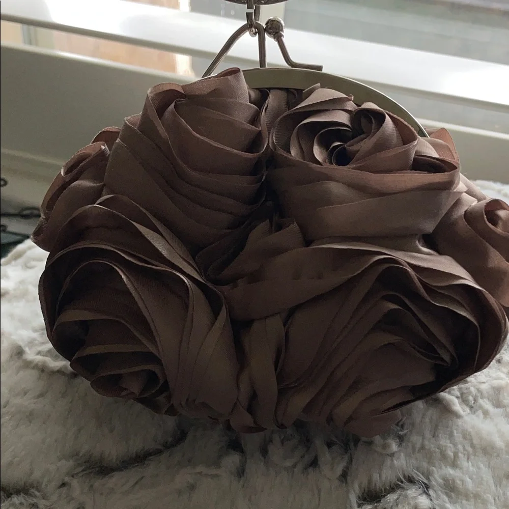 Chic Satin Rosettes Clutch handbag Taupe w oversized rhinestones holder & chain